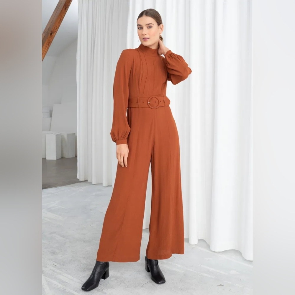 NWT & Other Stories Los Angeles Atelier Rust Long Sleeve Belted Jumpsuit Size 4